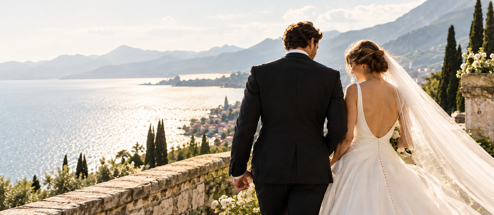 Newlyweds walking beside an Italian lake at sunset